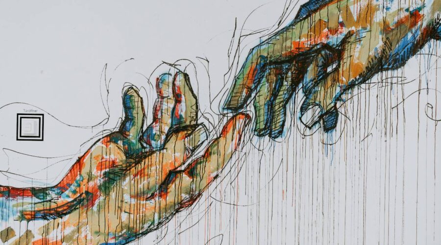 a drawing of two hands touching