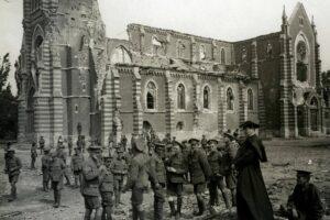 1914, World War 1. Church wrecked by German shells.