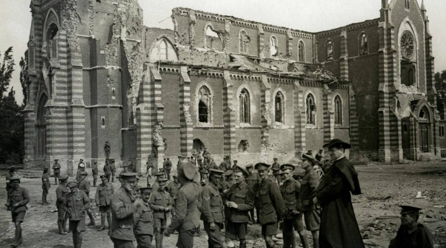 1914, World War 1. Church wrecked by German shells.