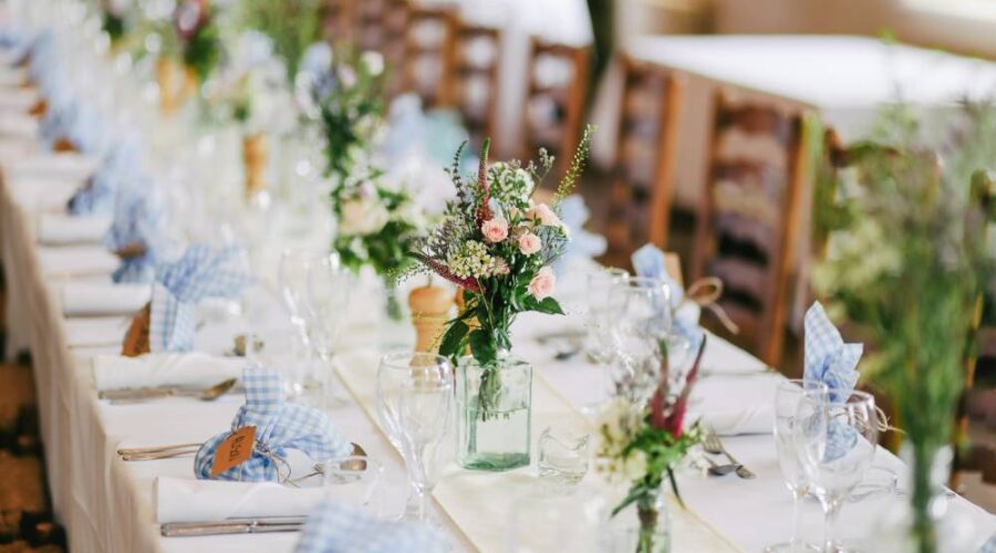 a wedding banquet table set, without people